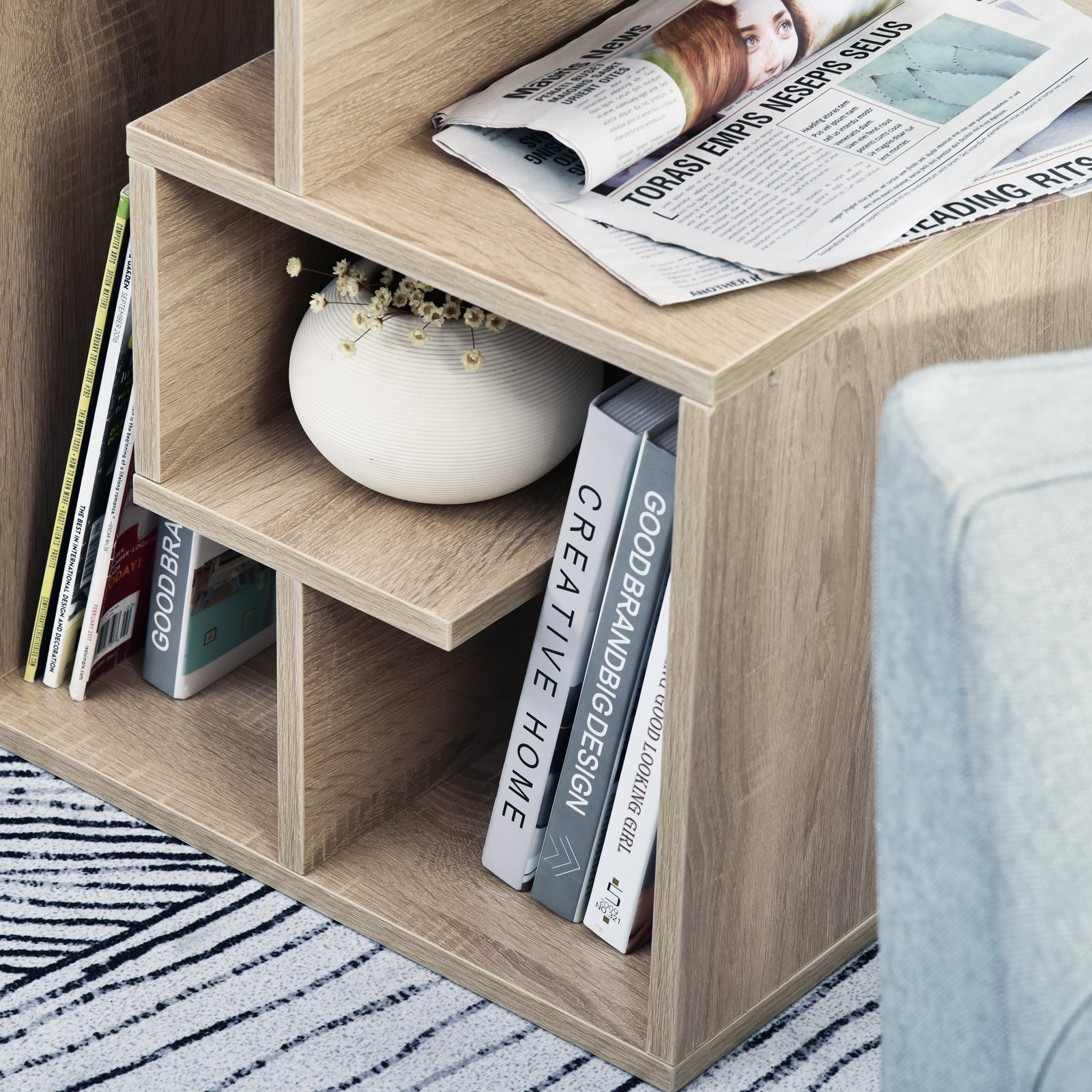 HOMCOM Side Table, 3 Tier End Table with Open Storage Shelves for Living Room, Bedroom, Oak 