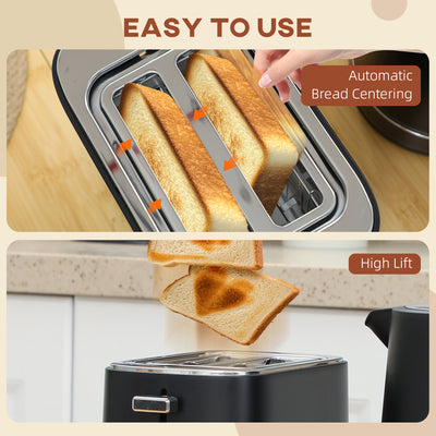 HOMCOM Kettle and Toaster Set, 1.7L 3000W Fast Boil Kettle & 2 Slice Toaster Kitchen Set with 6 Level Browning Controls, Defrost, Reheat, Black 