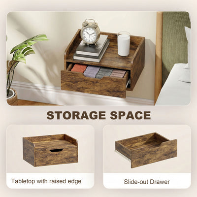 HOMCOM Floating Nightstands Set of 2, Wall Mounted Bedside Table with Drawer for Bedroom, Rustic Brown 