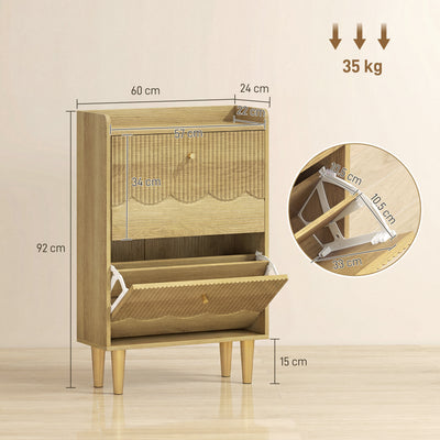 HOMCOM Narrow Shoe Cabinet, Modern Shoe Storage Cabinet with 2 Flip Drawers, Oak 