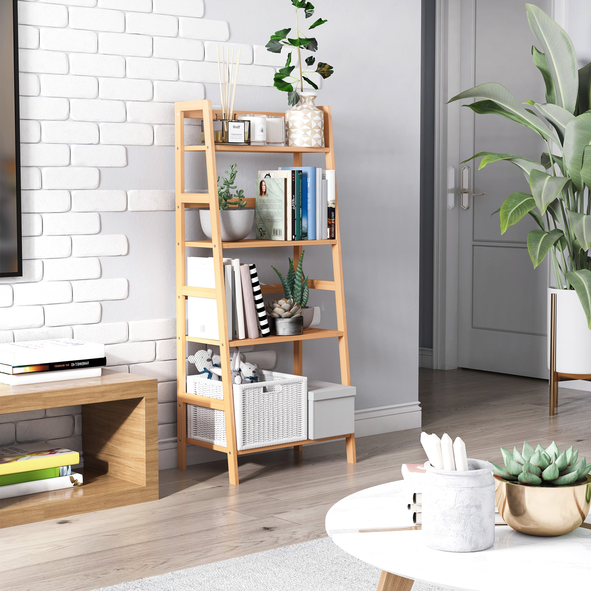 HOMCOM Bamboo Ladder Shelf, 4-Tier Bookshelf, Freestanding Bookcase for Living Room, Study, Bedroom, Home Office, 48 x 31.5 x 120cm, Natural Wood Effect 
