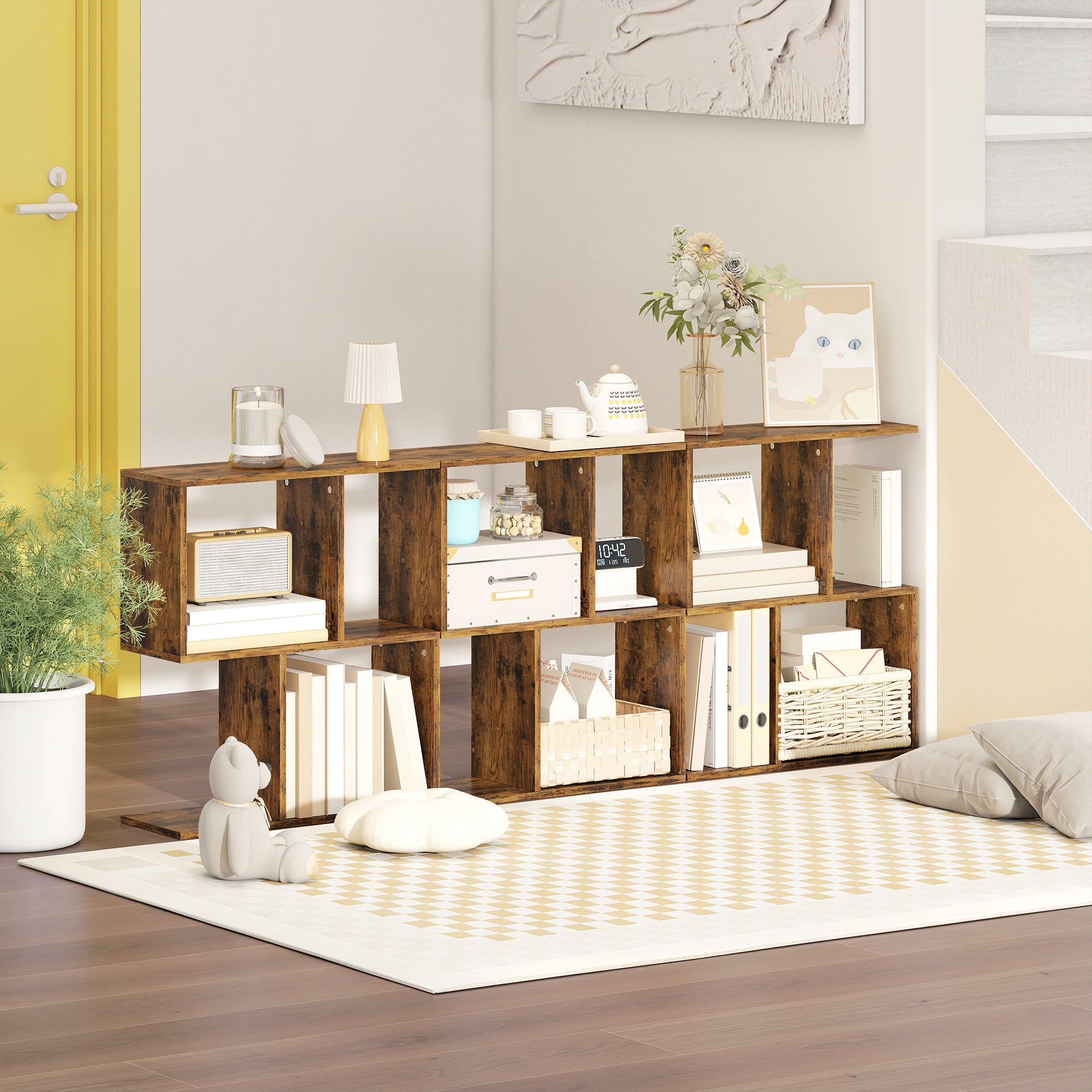 HOMCOM Side Table, Narrow End Table with Storage Shelves, S-Shaped, 3-Tier, 50W x 19.5D x 58H cm, Rustic Brown 