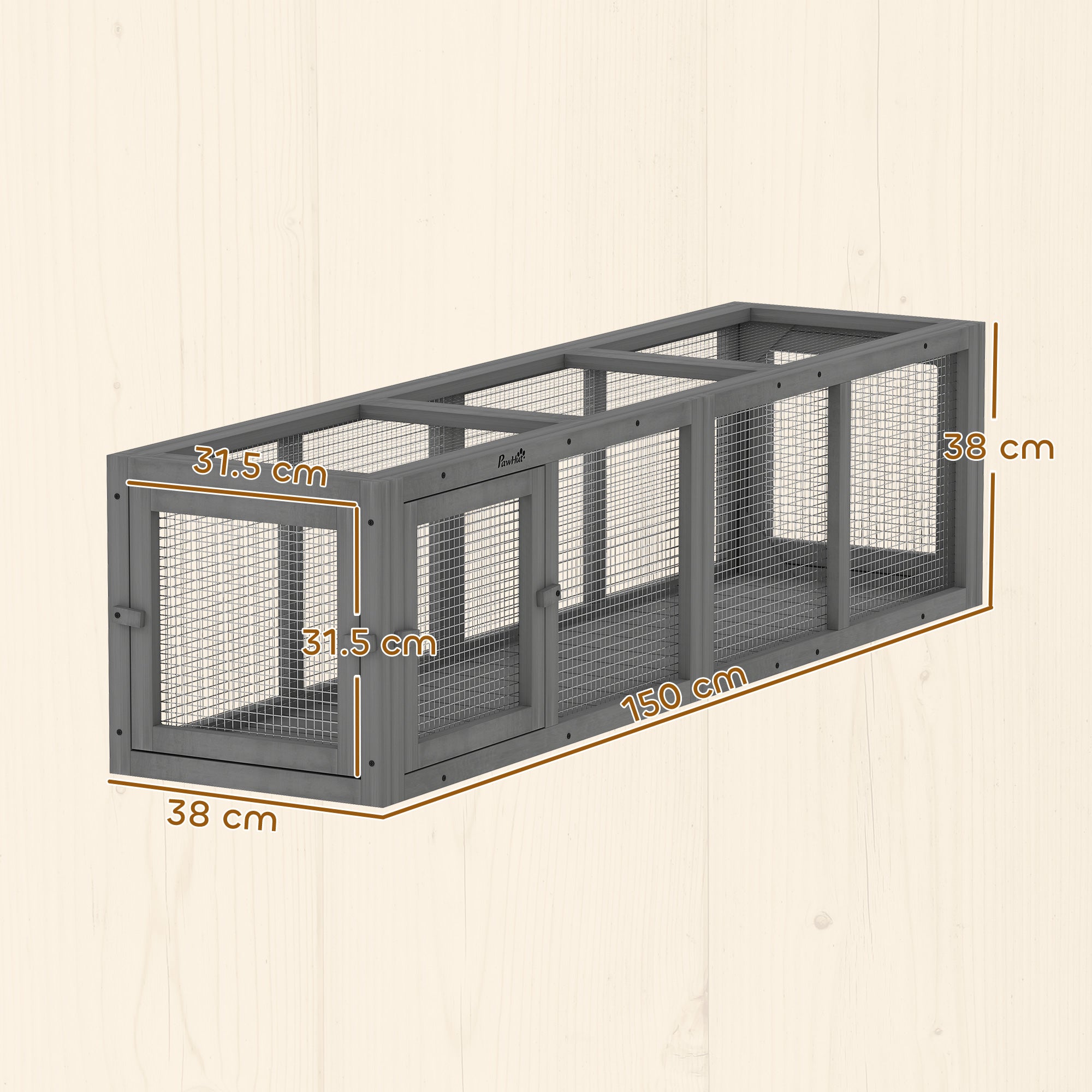 PawHut Outdoor Cat Tunnel, Wooden Play Cat Enclosure, Extendable Pet Run with 3 Doors, for Indoor and Outdoor Use, Grey 