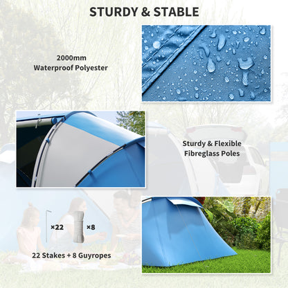 Outsunny 4-6 Man Camping Tent w/ Two Bedroom, Hiking Sun Shelter, UV Protection Tunnel Tent, Blue and White 