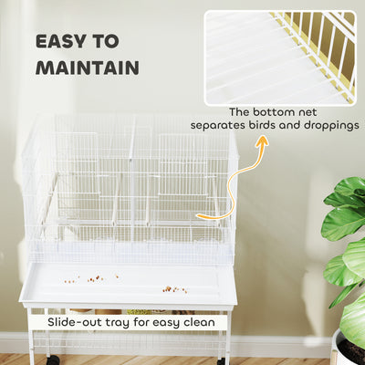 PawHut Bird Cage with Divider, 4 Wooden Perches, Slide Out Tray, 4 Feeders, for Budgie, Lovebird, Canary, 76 x 46 x 116cm White 