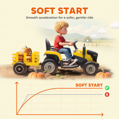 AIYAPLAY 12V Ride on Tractor and Trailer with Remote Control, Music, Shifter, Start-Up Sound, for Kids Ages 3-8 Years, Yellow 