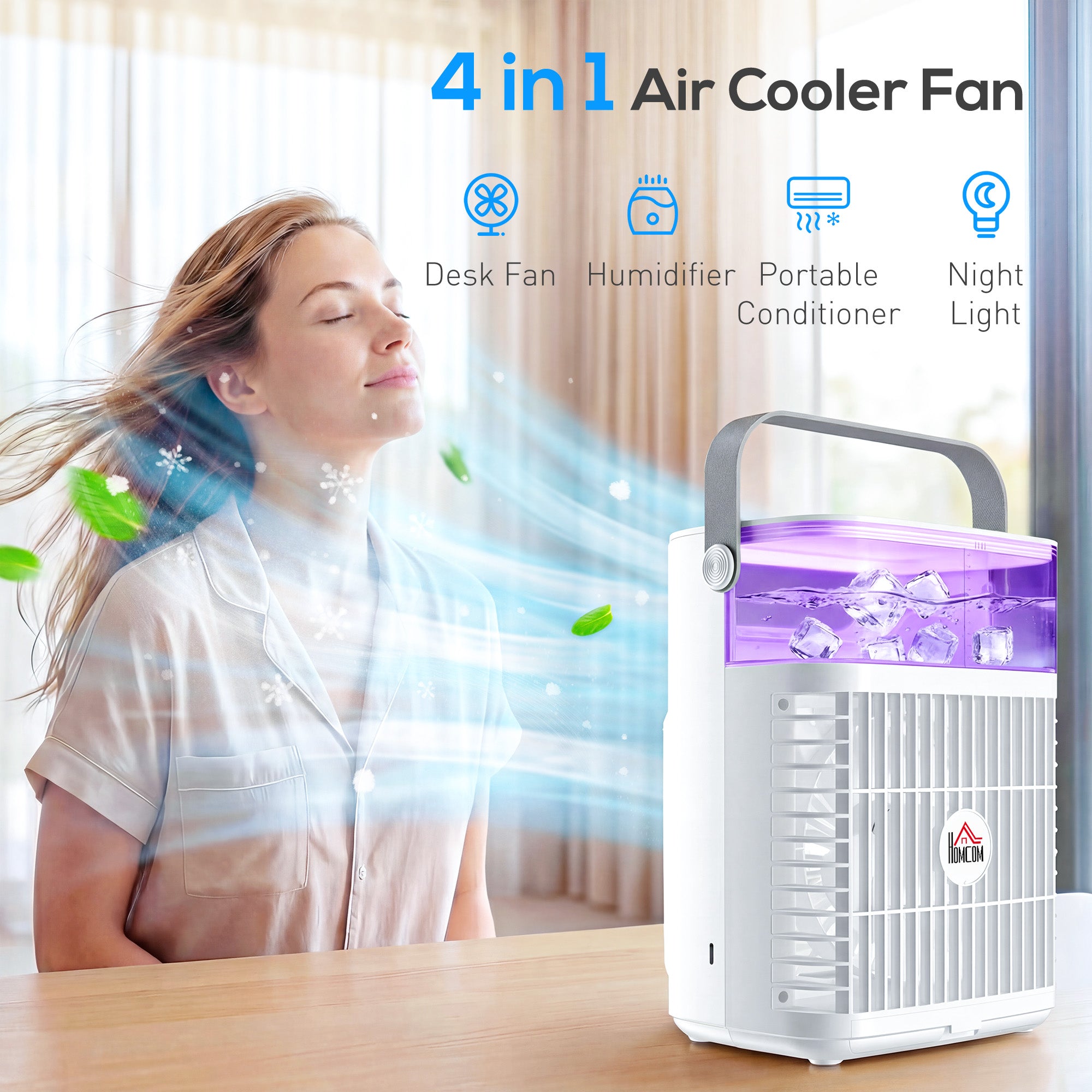 HOMCOM Air Cooler with Adjustable Head, Portable Air Conditioner with 3 Wind Speed, 2 Cool Mist, RGB Light, White 