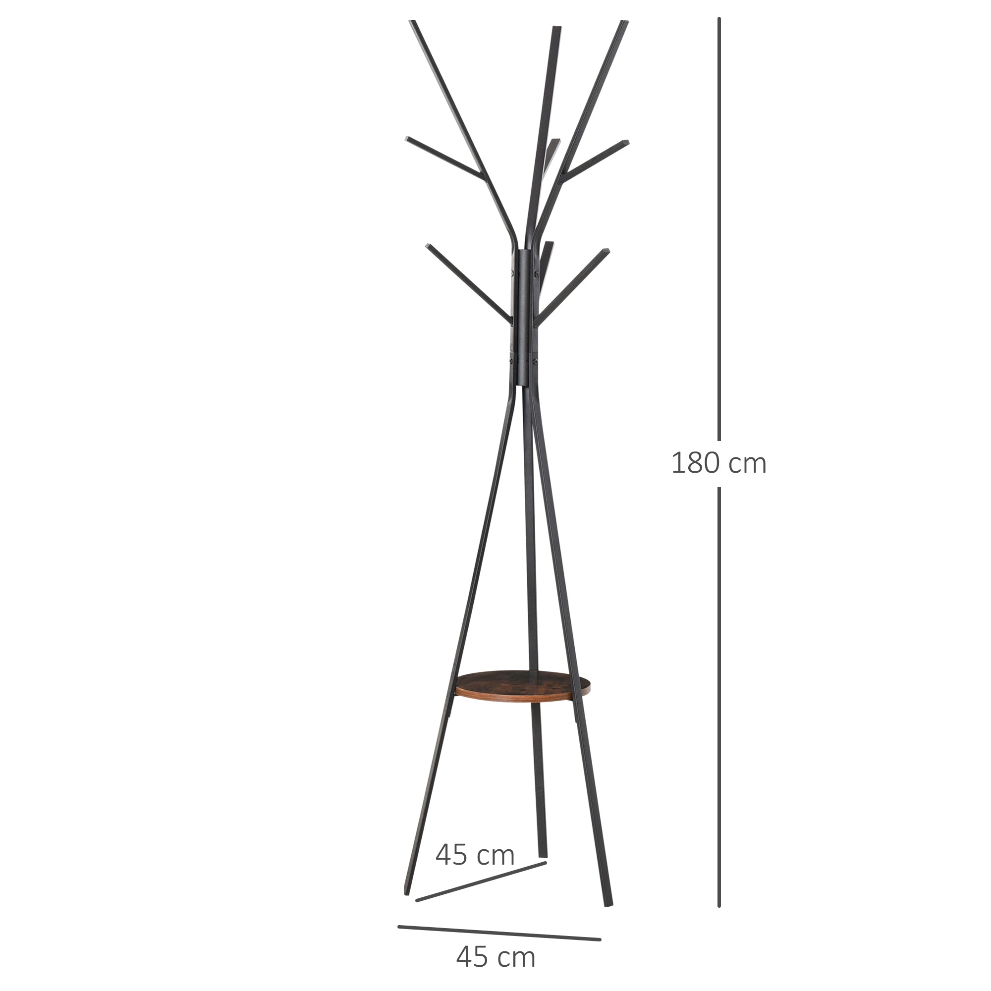HOMCOM Freestanding Metal Coat Rack Stand 9 Hooks Clothes Tree with 1 Shelf Hat Display Hall Tree Hanger Bag Umbrella Hanging Organiser Brown 
