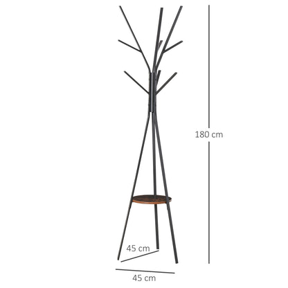 HOMCOM Freestanding Metal Coat Rack Stand 9 Hooks Clothes Tree with 1 Shelf Hat Display Hall Tree Hanger Bag Umbrella Hanging Organiser Brown 
