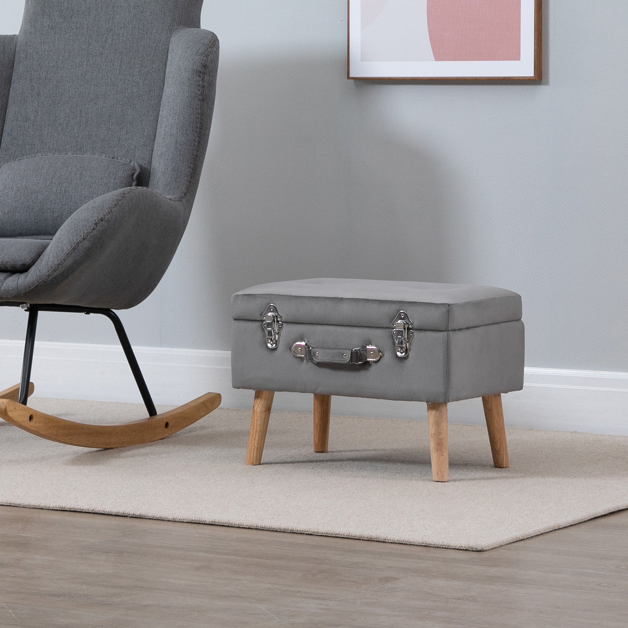 HOMCOM Elegant Velvet Footstool Pouffe Storage Trunk Stool Wood Legs Foot Pads Home Bedroom Hallyway Unique Storage Grey 