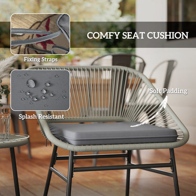 Outsunny 3 Pieces Rattan Bistro Set, Wicker Small Garden Table and Chairs Set with Cushions and Glass Top Coffee Table, Bistro Garden Furniture Set for Outdoor, Patio, Balcony, Light Grey 