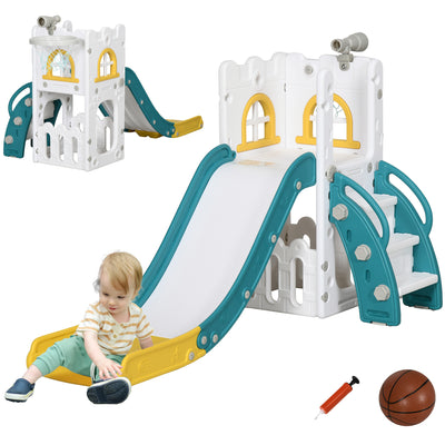 AIYAPLAY 4 in 1 Toddler Slide with Basketball Hoop, Climber, Telescope, Storage Basket, for Ages 1-3 Years, Yellow 