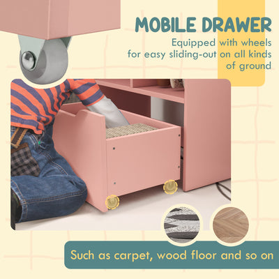 HOMCOM Kids Bookshelf, Toy Organiser, with Storage Drawer, Wheels - Pink 