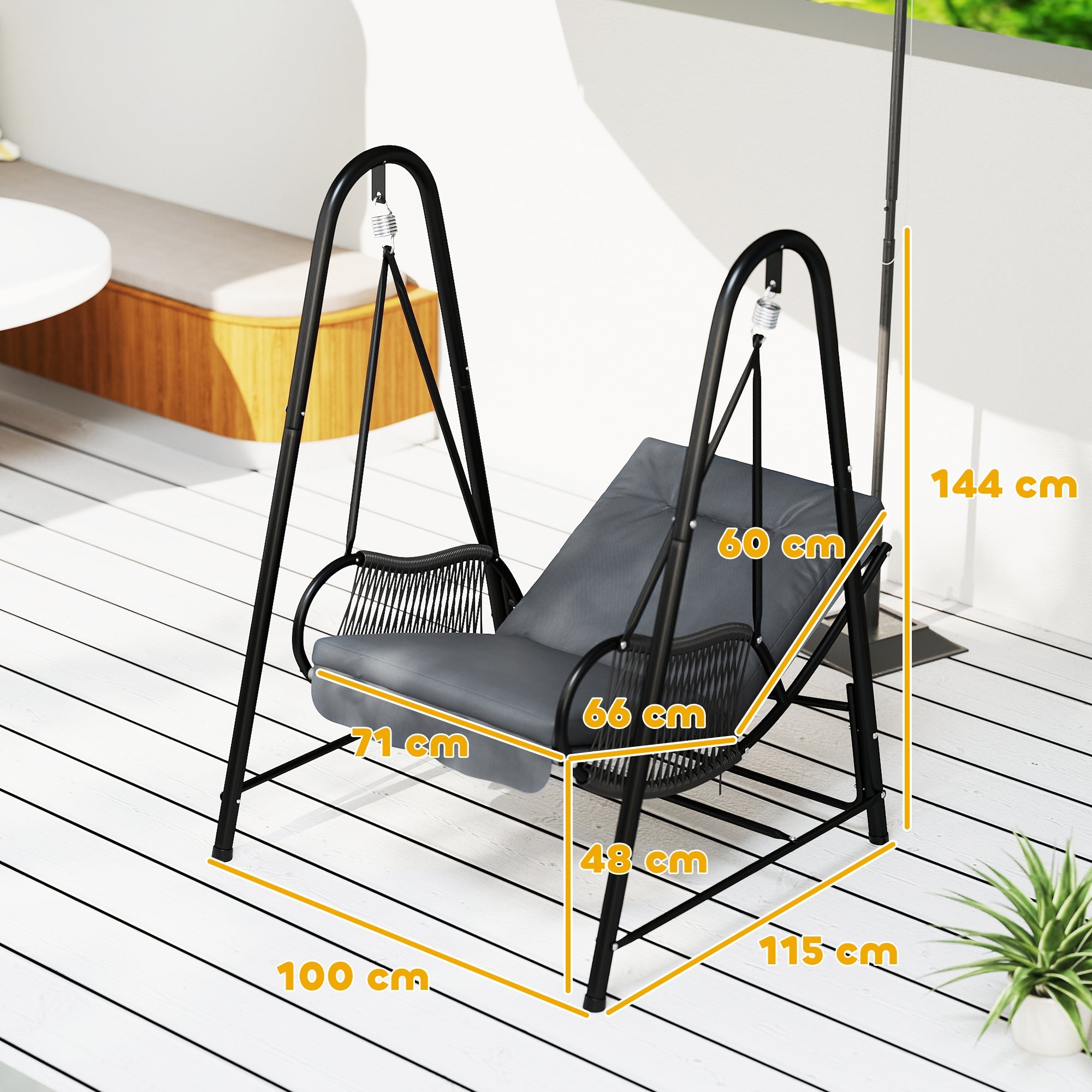 Outsunny Rattan Swing Chair, Outdoor Garden Hanging Swing Seat with Stand and Seat Cushion, Porch Hanging Chair for Balcony, Garden, Deck, Dark Grey 