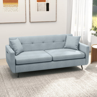 HOMCOM 165cm 3 Seater Sofa for Living Room, Modern Fabric Couch, Tufted Small Couch Sofa Settee with Steel Legs and 2 Storage Pockets for Bedroom and Home Office, Blue 