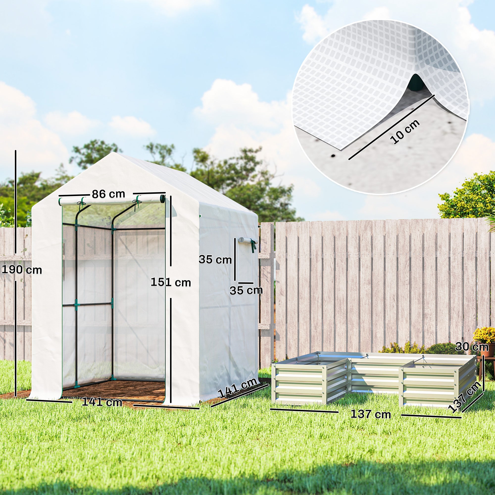 Outsunny Small Greenhouse with Raised Garden Bed, Galvanised Walk-in Greenhouse with Roll Up Windows, 141 x 141 x 190 cm, White 