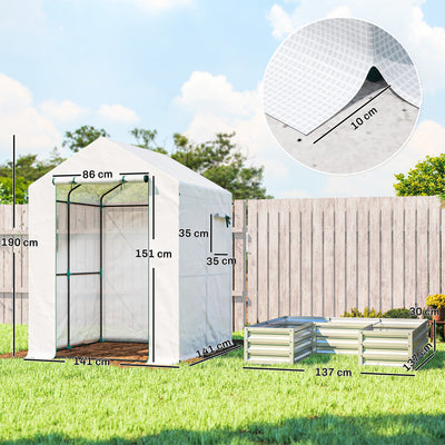 Outsunny Small Greenhouse with Raised Garden Bed, Galvanised Walk-in Greenhouse with Roll Up Windows, 141 x 141 x 190 cm, White 