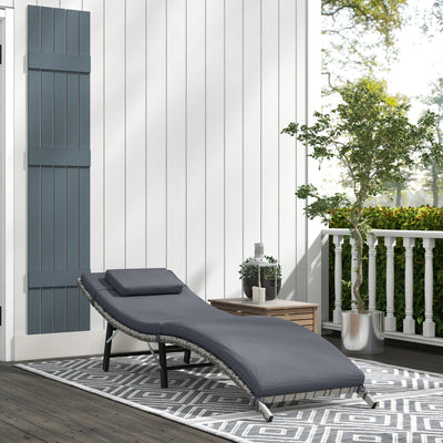 Outsunny Rattan Folding Sun Lounger Outdoor Chair with Cushion and Pillow Grey 