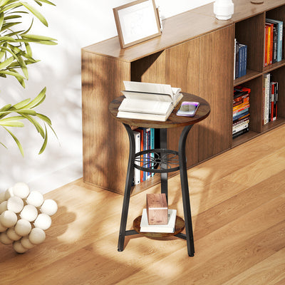 HOMCOM Small Round Side Table with 3 Storage Shelves - Rustic Brown 
