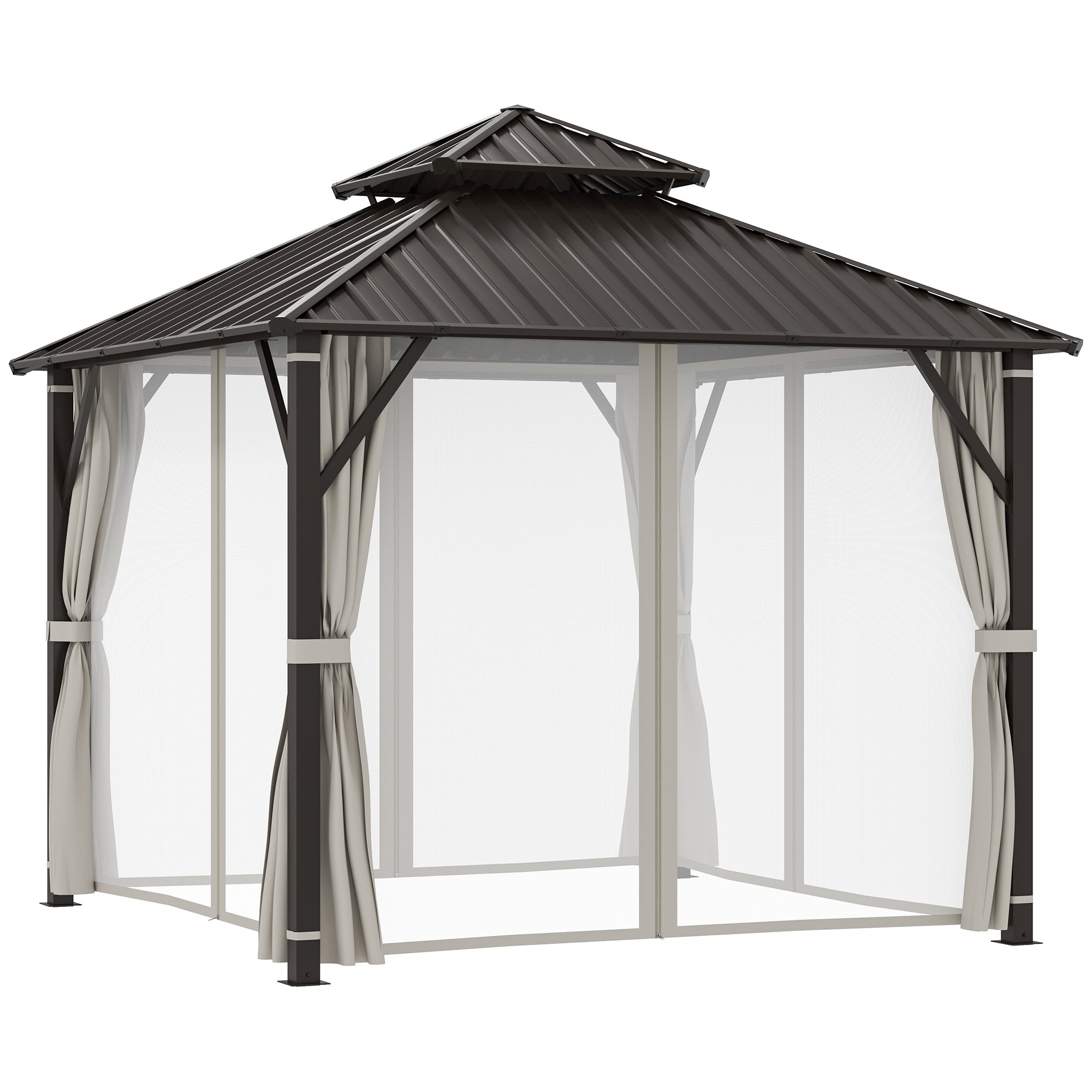 Outsunny 3 x 3(m) Hardtop Gazebo Canopy with Double Metal Roof, Waterproof Permanent Pavilion Garden Gazebo with Netting and Curtains, Easy to Assemble 