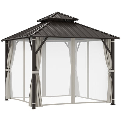 Outsunny 3 x 3(m) Hardtop Gazebo Canopy with Double Metal Roof, Waterproof Permanent Pavilion Garden Gazebo with Netting and Curtains, Easy to Assemble 