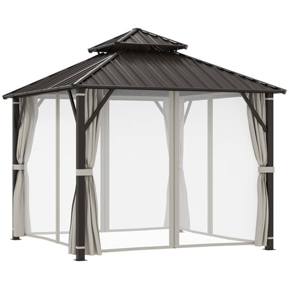 Outsunny 3 x 3(m) Hardtop Gazebo Canopy with Double Metal Roof, Waterproof Permanent Pavilion Garden Gazebo with Netting and Curtains, Easy to Assemble 