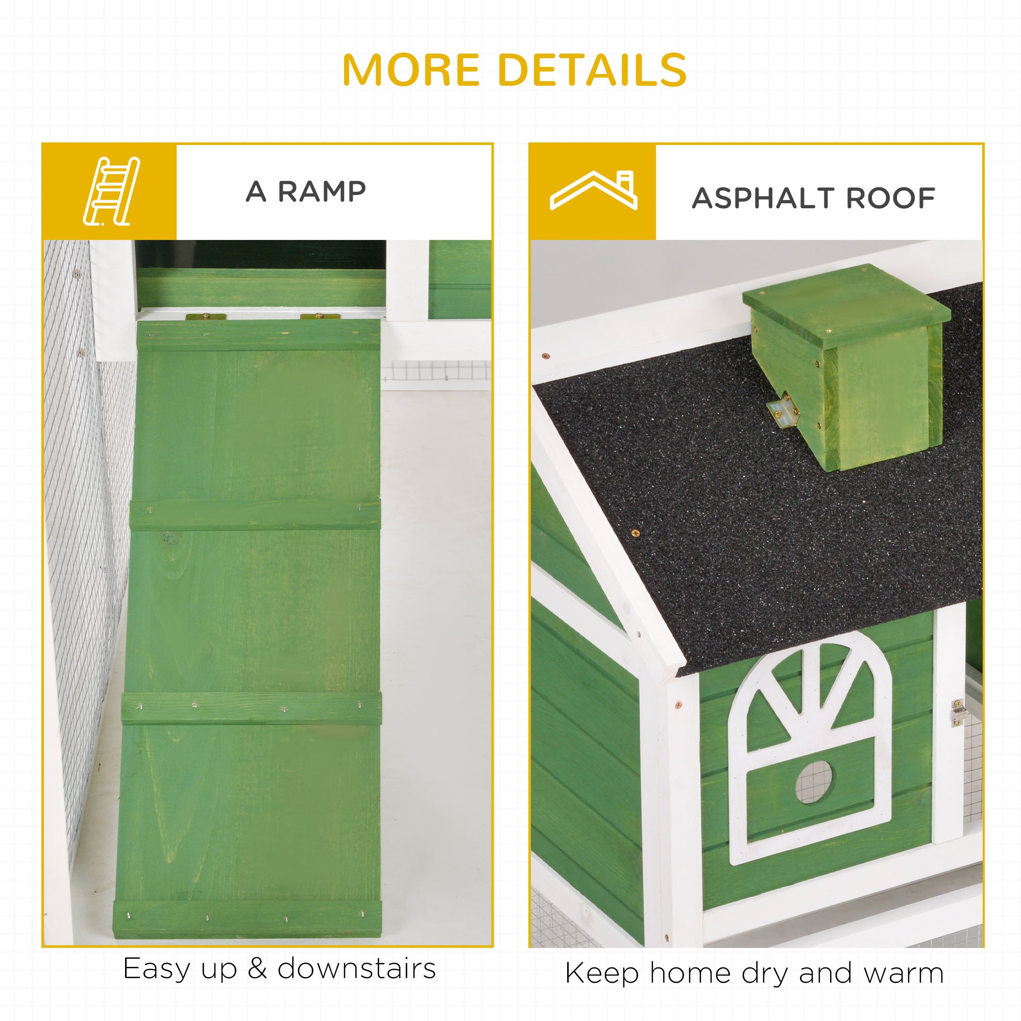 PawHut Wooden Rabbit Hutch and Run with Sliding Tray, Ramp, Water-resistant Roof, for 2-4 Rabbits, Green 