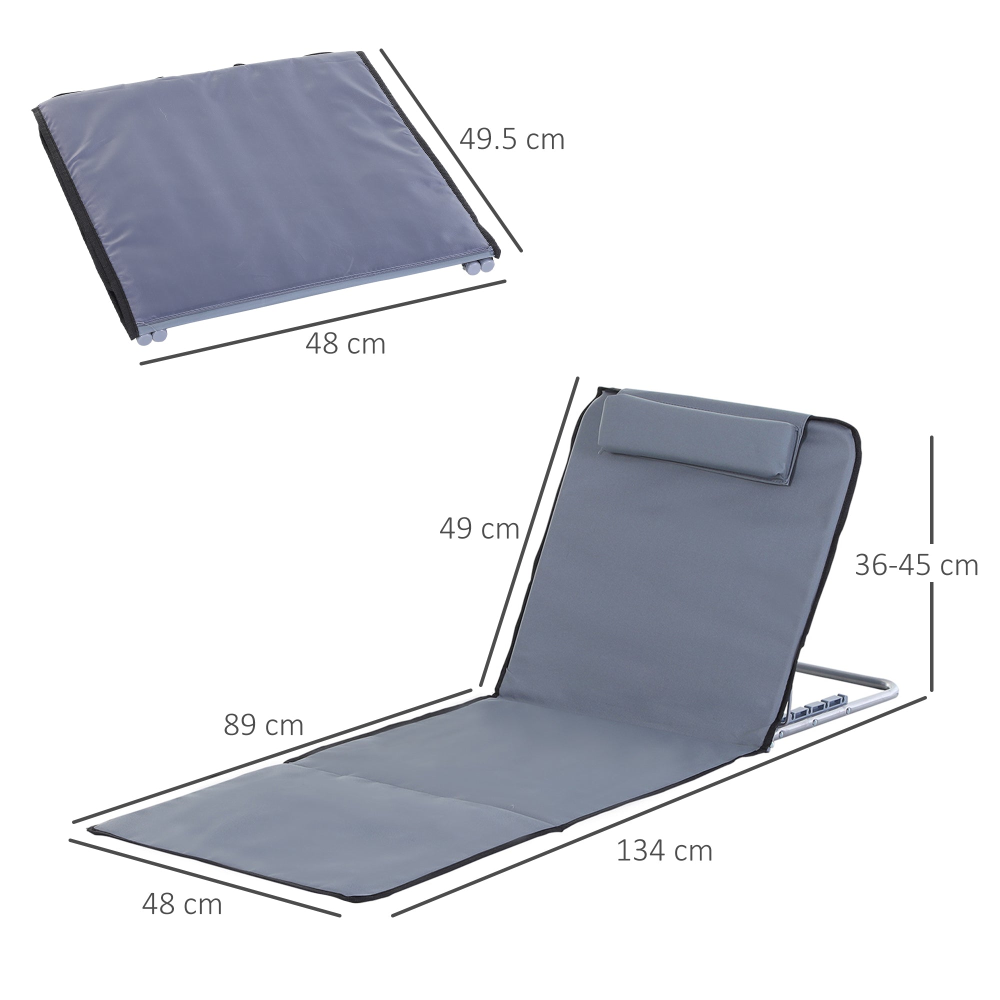 Outsunny Set of 2 Foldable Garden Beach Chair Mat Lightweight Outdoor Sun Lounger Seats Adjustable Back Metal Frame PE Fabric Head Pillow w/ Carry Bag,Grey 