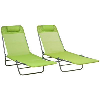Outsunny Folding Sun Lounger Set of 2, Outdoor Day Beds with Pillow, Reclining Back, Steel Frame and Breathable Mesh for Beach, Yard, Patio, Green 