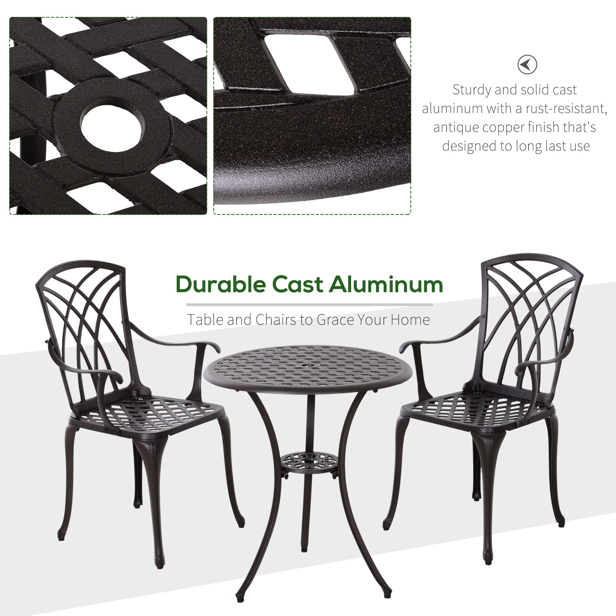 Outsunny 3 Pieces Garden Dining Set for 2, Cast Aluminium Outdoor Dining Set with 2 Armchairs and Round Dining Table with Parasol Hole, Garden Furniture Set, Brown 