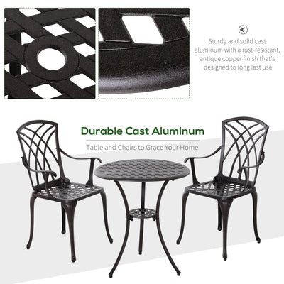 Outsunny 3 Pieces Garden Dining Set for 2, Cast Aluminium Outdoor Dining Set with 2 Armchairs and Round Dining Table with Parasol Hole, Garden Furniture Set, Brown 