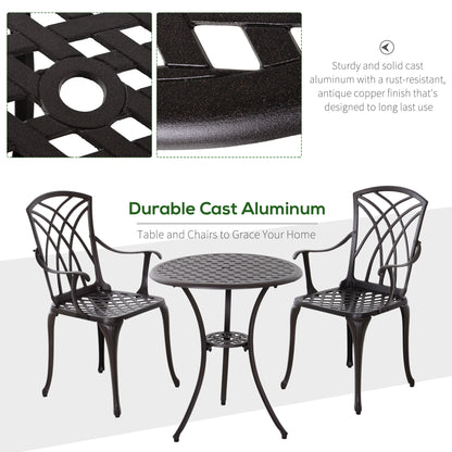 Outsunny 3 Pieces Garden Dining Set for 2, Cast Aluminium Outdoor Dining Set with 2 Armchairs and Round Dining Table with Parasol Hole, Garden Furniture Set, Brown 