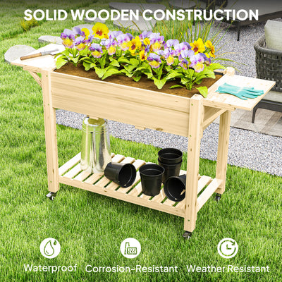Outsunny Raised Garden Bed, Wooden Elevated Planter Box with Lockable Wheels, Side Tables and Bottom Shelf, Outdoor Planter with Liner and Drainage Holes for Vegetables, Flowers, Fruits, Natural 