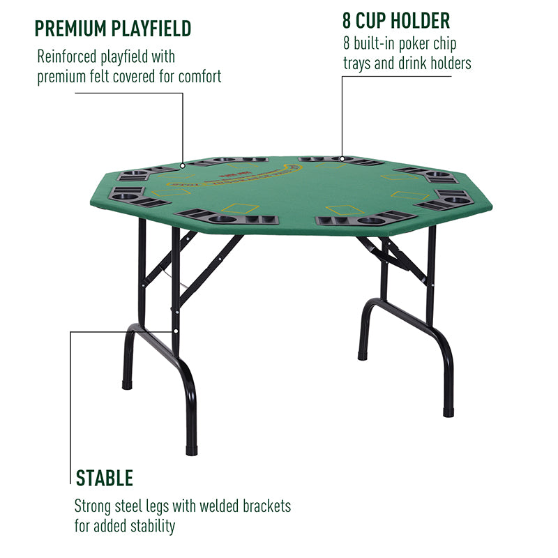 HOMCOM 8 Player Folding Games Poker Table with Chip Cup Holder Steel Base Felt Top Octagon Blackjack Green 