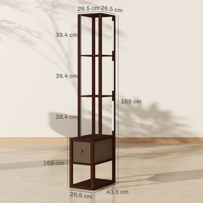 HOMCOM Floor Lamp with Shelves, LED Column Modern Standing Lamp with Fabric Drawer, Adjustable Brightness, Foot Switch for Living Room, Bedroom, Office, Dark Brown 