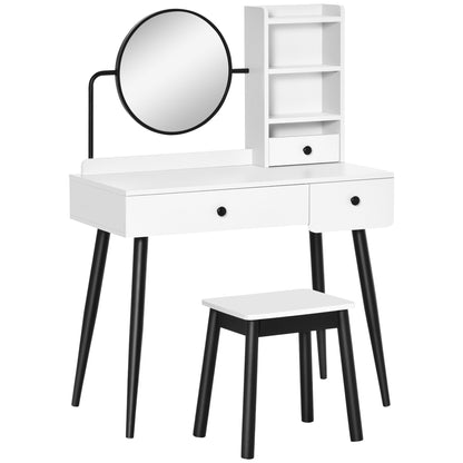 HOMCOM Dressing Table Set with Mirror and Stool, Vanity Makeup Table with 3 Drawers and Open Shelves for Bedroom, Living Room, White 