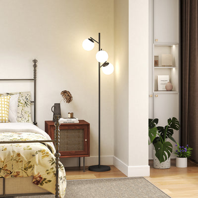 HOMCOM 3-Light Tree Floor Lamps for Living Room, Modern Standing Lamp for Bedroom with Globe Lampshade, Steel Base, Bulb not Included, Black 