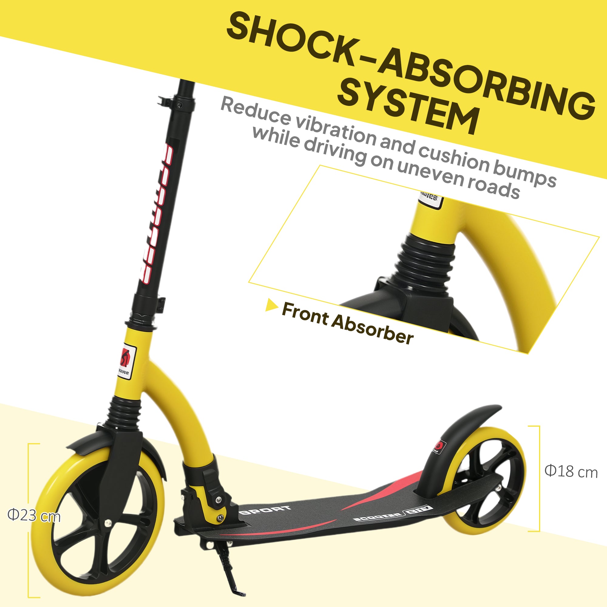 HOMCOM Foldable Kick Scooter with Double Shock Absorption and Big Wheels, Height Adjustable Aluminium Frame Big Wheel Scooter for 14+ Teens Adult - Yellow