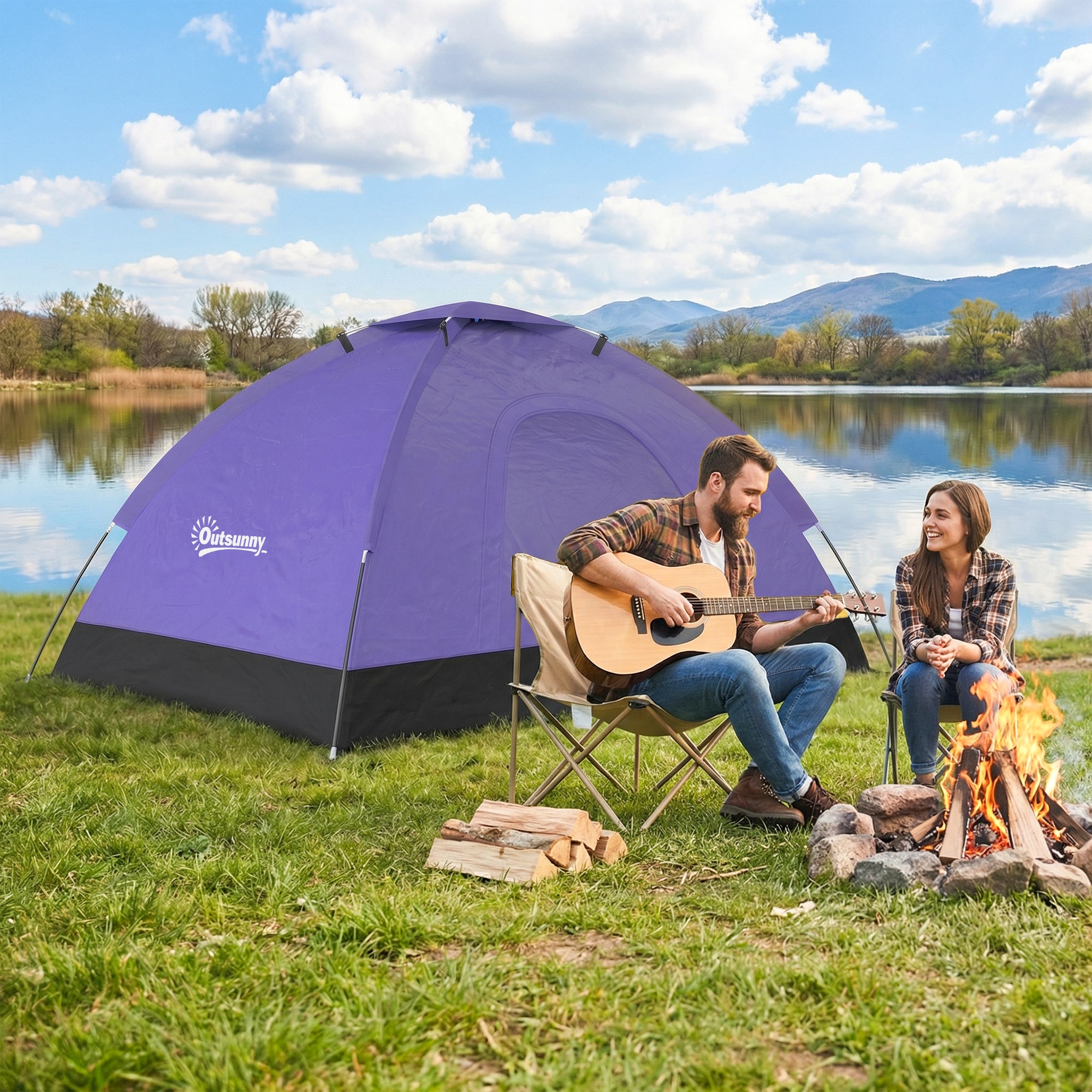Outsunny 2 Person Camping Tent, Dome Tent with Zipped Doors, Storage Pocket, Portable Handy Bag, Light Purple 