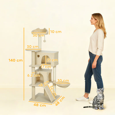 PawHut 140cm Large Cat Tree Tower with Sisal Scratching Posts, Plush Perches, Hammock, Beige 