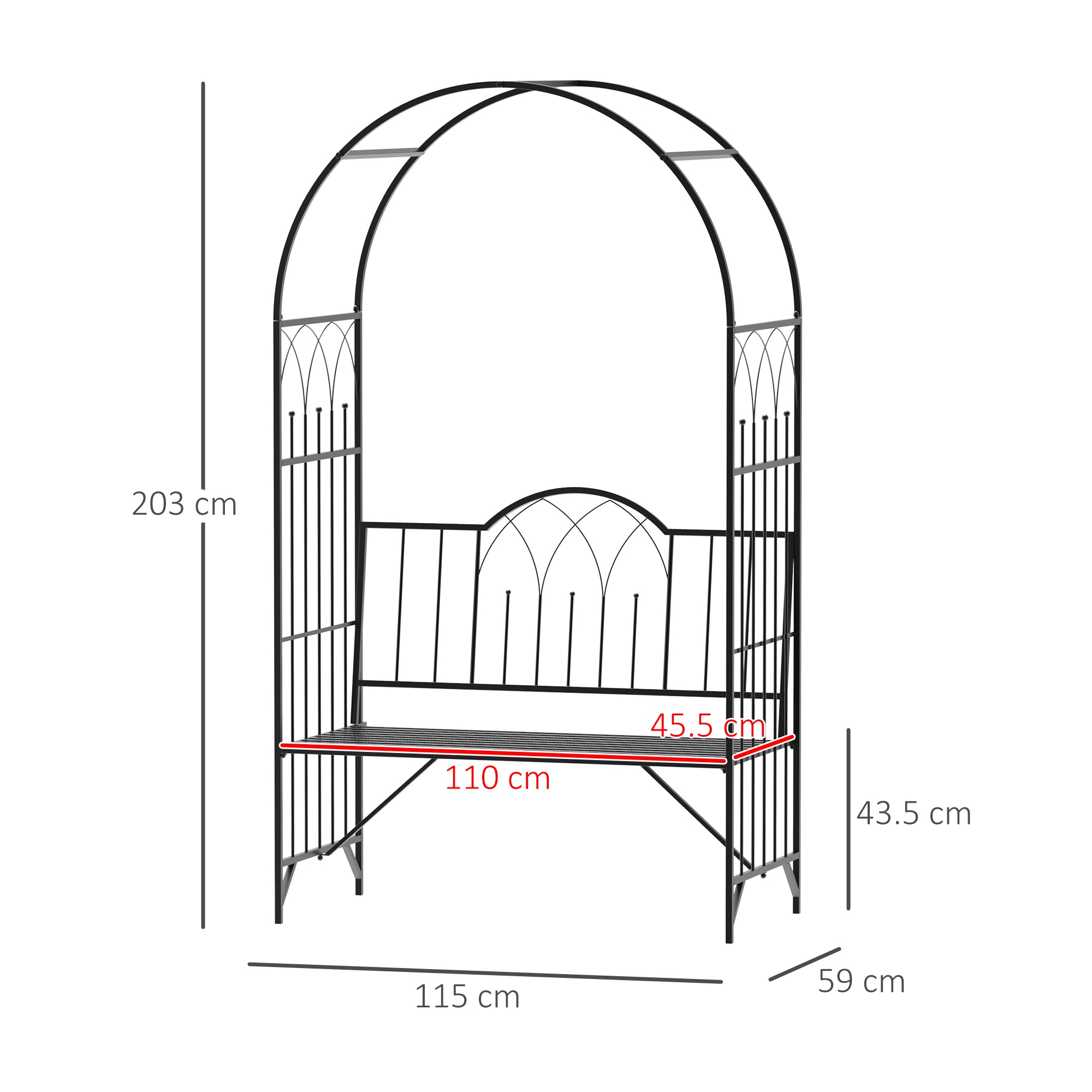 Outsunny Garden Metal Arch Bench Outdoor Patio Rose Trellis Arbour Pergola for Climbing Plant Antique Style 2-Seater Chair, Black 