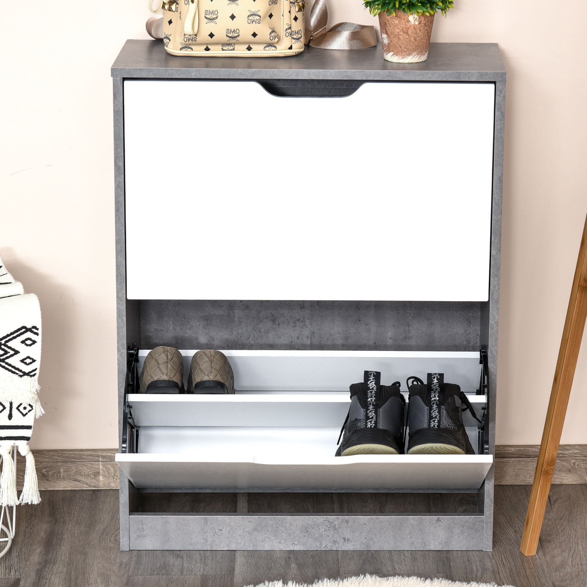 HOMCOM Two Drawer Shoe Cabinet Home Storage Organiser w/ Groove Handles Adjustable Shelves Modern Boxy Rack Hallway Bedroom Furniture 