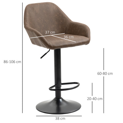 HOMCOM Bar Stools Set of 2, Height Adjustable Swivel Barstools, PU Leather Kitchen Stools with Backs, Armrests and Footrest for Home, Counter and Dining Room, Dark Brown 