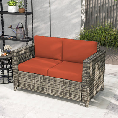 Outsunny Rattan Sofa, 2 Seater Garden Furniture with Soft Padded Cushion and Armrests, Wicker Garden Loveseat for Patio, Grey 