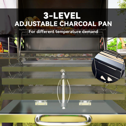 Outsunny Charcoal BBQ Grill with Height Adjustable Charcoal Pan, Portable Barbecue Smoker with Warming Rack, 3 Shelves, Temperature Gauge, Wheels, Bottle Opener for Outdoor Cooking Garden Party 