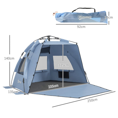 Outsunny 2-3 Person Pop Up Beach Tent, UPF15+ Sun Shelter with Extended Floor, Sandbags, Mesh Windows and Carry Bag, Light Blue 