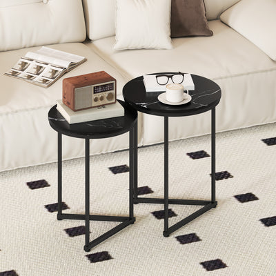 HOMCOM Set of Two Marble-Effect Nest of Tables - Black Marble Effect 