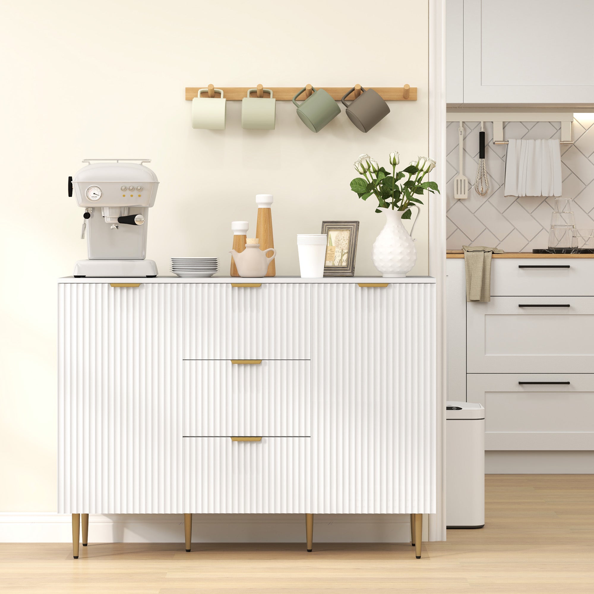 HOMCOM Sideboard Buffet Cabinet, Modern Kitchen Storage Cabinet with 3 Drawers and Adjustable Shelves, Living Room Cabinet with Metal Legs for Hallway, White 