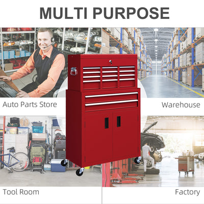 HOMCOM Portable Tool Box, Metal Tool Chest on Wheels with 6 Drawers for Garage and Workshop, Red 