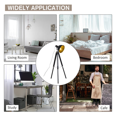 HOMCOM Tripod Floor Lamp, Spotlight Reading Lamp w/ Adjustable Height, Angle, Wood Legs for Living Room, Bedroom, Home, Office, Black and Gold 